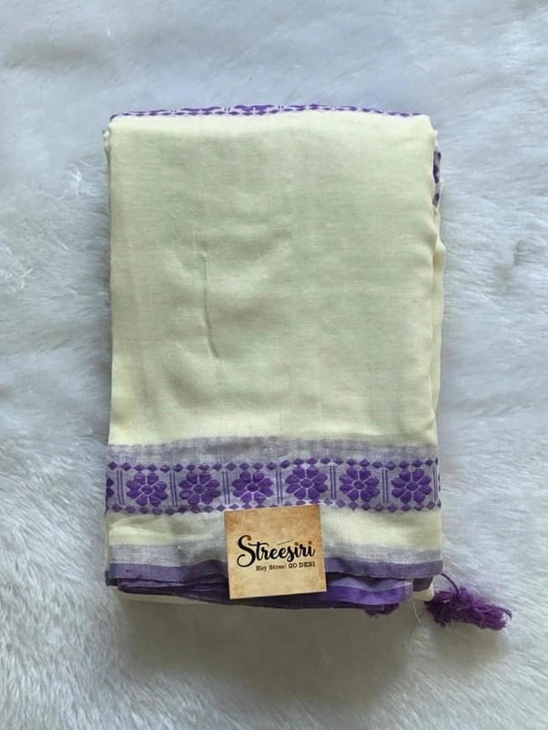 Bengal White Lavender Cotton Saree
