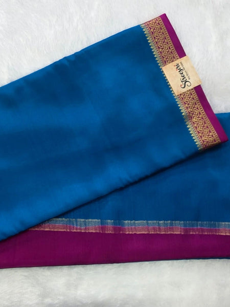 Pure Mysore Crepe Blue Pink Silk Saree