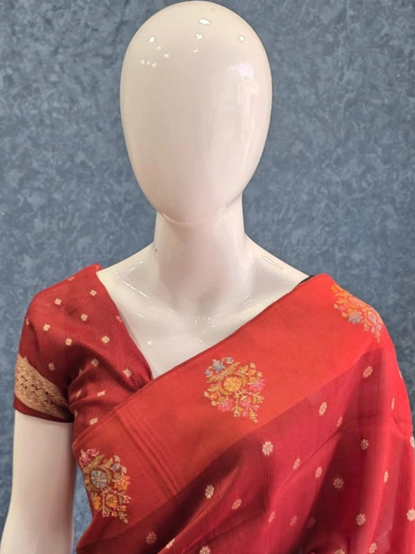 Self Rust Orange Tussar Silk Saree
