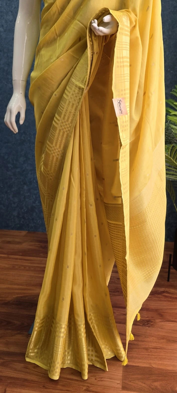 Semi silk Checks Border Yellow
