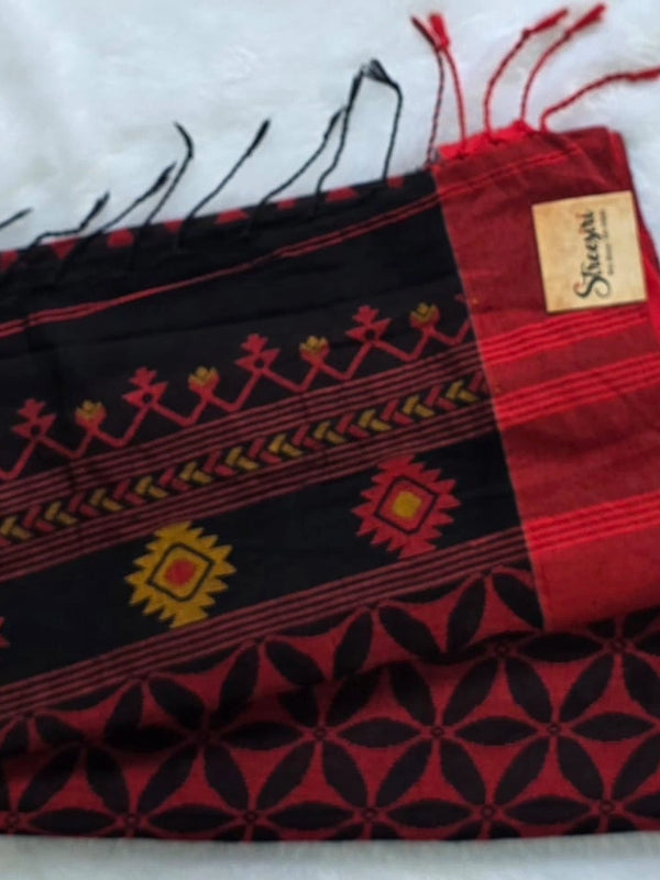 Bengal Grey Red Cotton Saree
