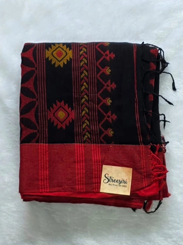 Bengal Black Red Cotton Saree