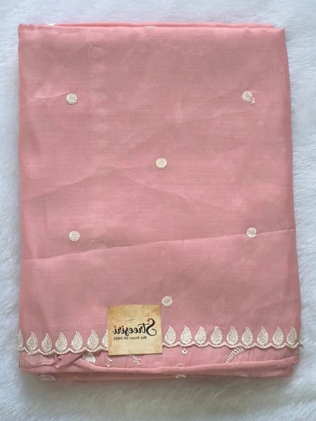Kota Doria Baby Pink Embroider Saree