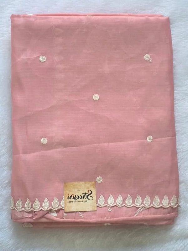 Kota Doria Baby Pink Embroider Saree