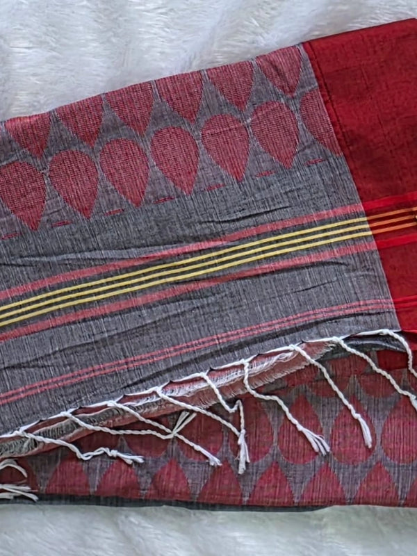 Bengal Grey Red Cotton Saree