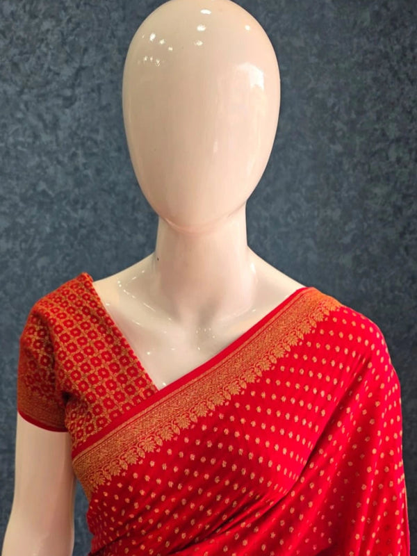 Self Red Pure Banarasi Crepe Silk Saree