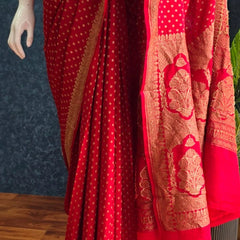 Self Red Pure Banarasi Crepe Silk Saree