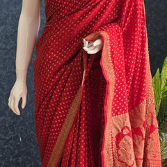 Self Red Pure Banarasi Crepe Silk Saree