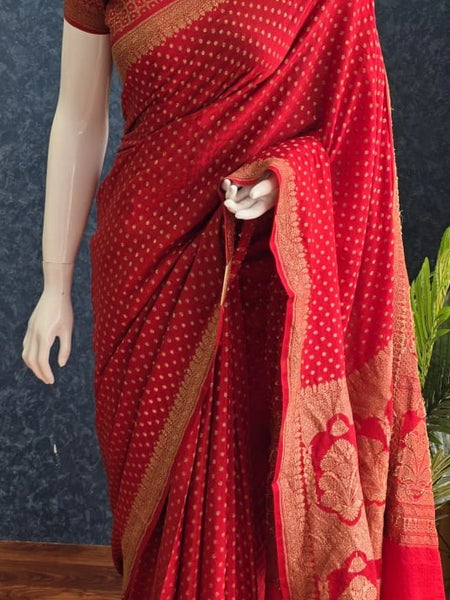 Self Red Pure Banarasi Crepe Silk Saree