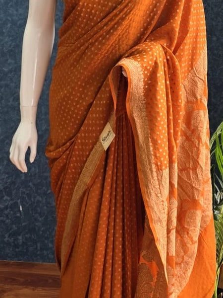Self Orange Pure Banarasi Crepe Silk Saree