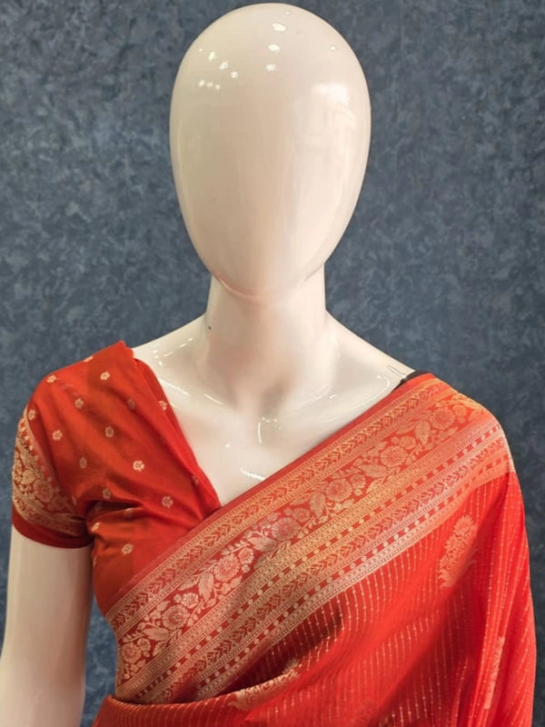 Lines Dark Orange Gorgette Saree
