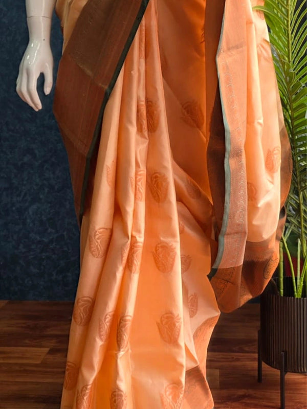 Contrast Light Orange Green Semi Silk Saree