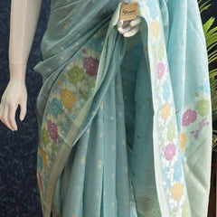 Floral Light Blue Tussar Silk Saree