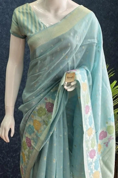 Floral Light Blue Tussar Silk Saree