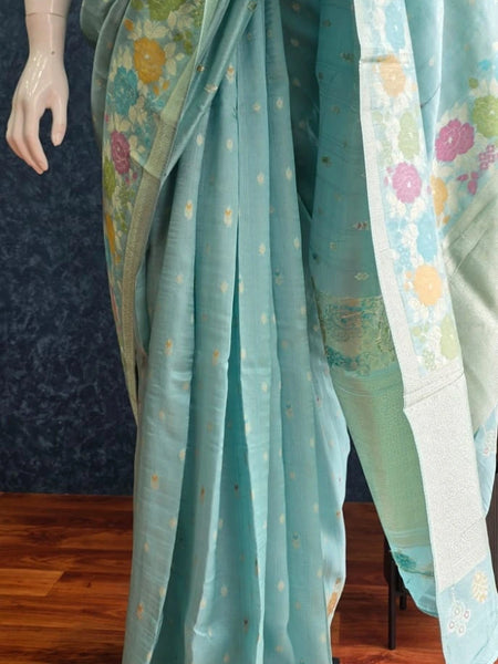 Floral Light Blue Tussar Silk Saree
