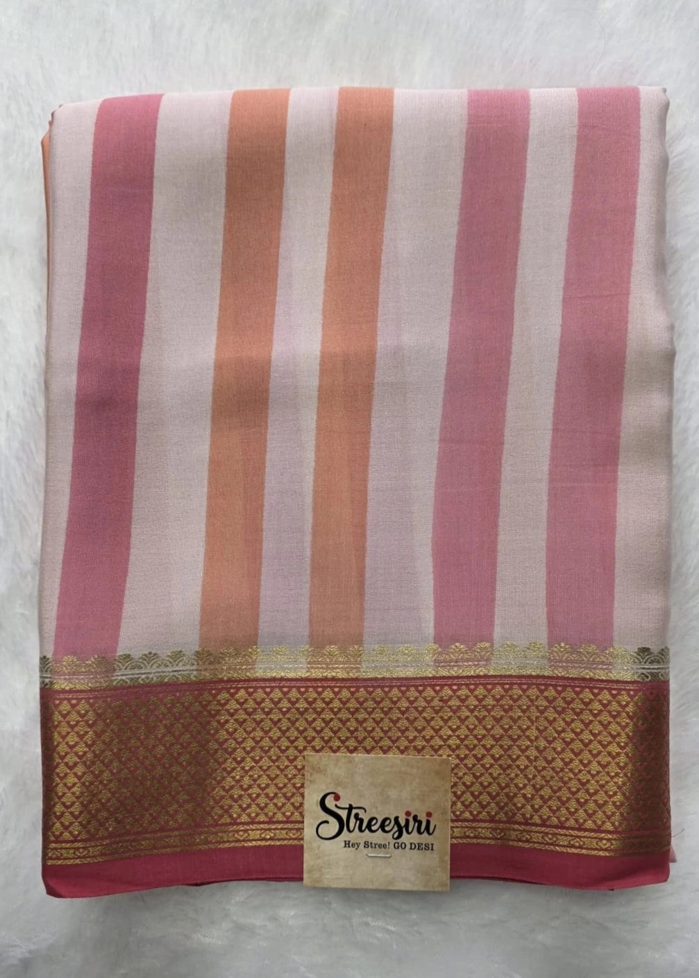Pure Mysore Silk Stripes Peach Pink