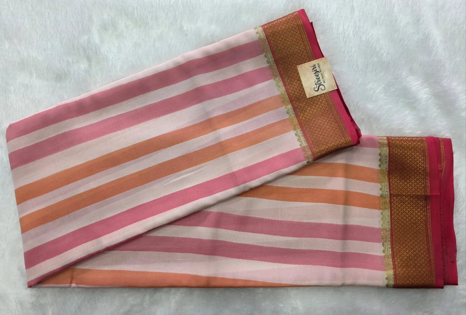 Pure Mysore Silk Stripes Peach Pink