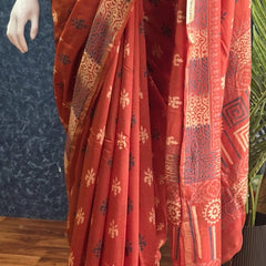 Soft Dark Orange Cotton Silk Saree