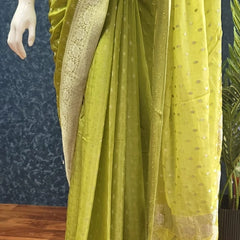 Contrast Parrot Green Semi Crepe Silk Saree