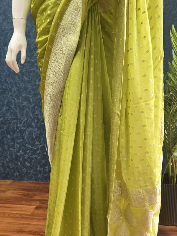 Contrast Parrot Green Semi Crepe Silk Saree
