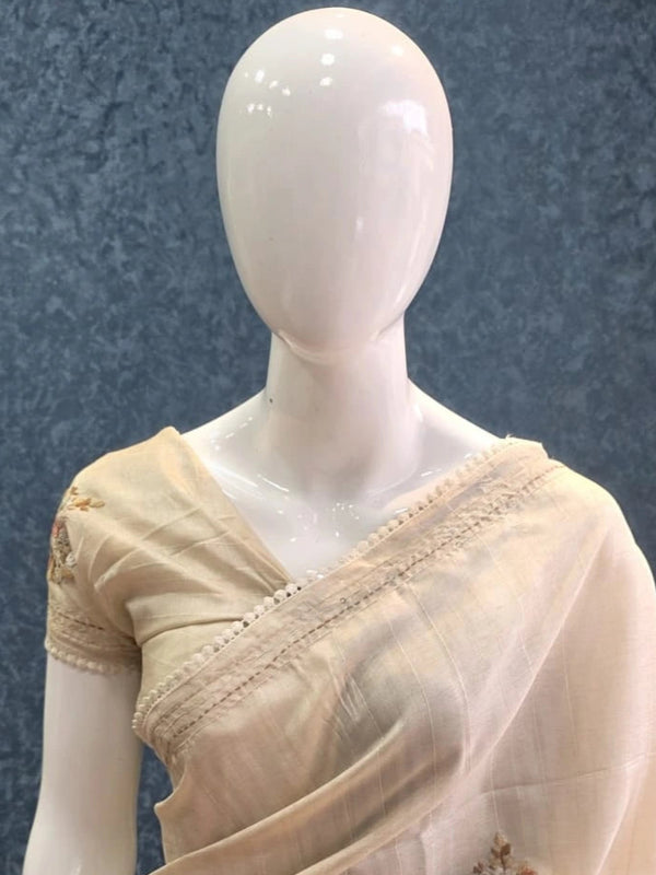 Embroider Half White Linen Saree