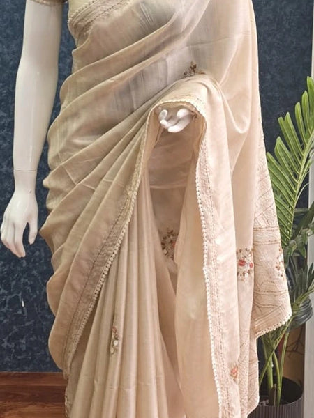 Embroider Half White Linen Saree