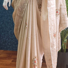 Embroider Half White Linen Saree