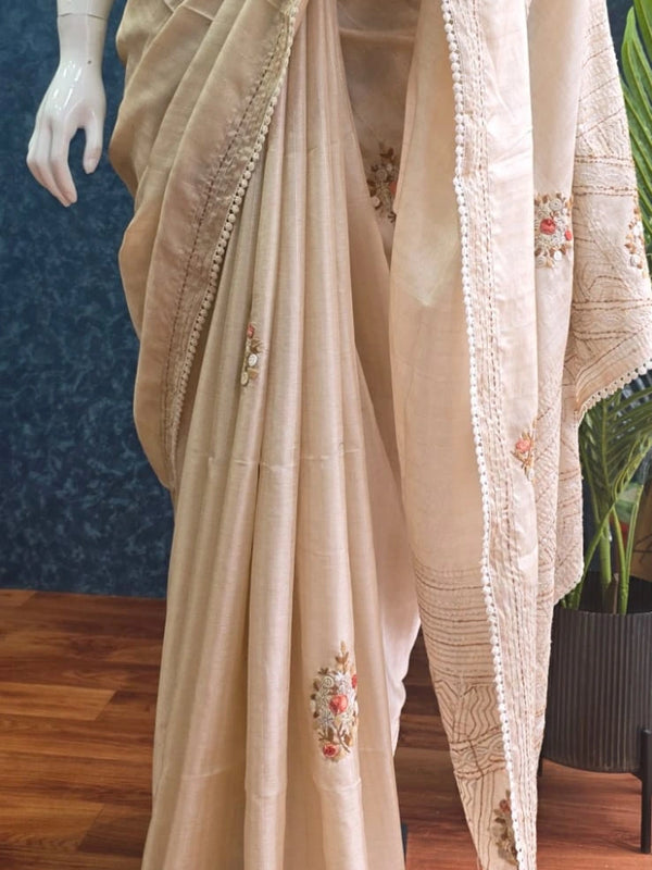 Embroider Half White Linen Saree