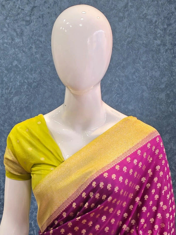 Contrast Purple Parrot Green Gorgette Saree