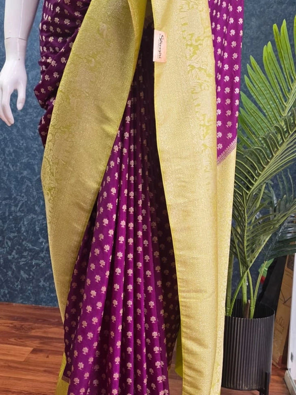 Contrast Purple Parrot Green Gorgette Saree