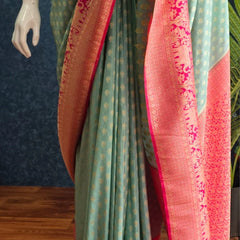 Contrast Pista Green Pink Gorgette Saree
