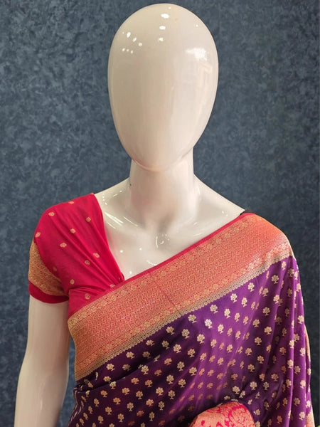 Contrast Butta Purple Pink Gorgette Saree