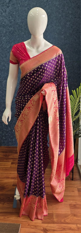 Contrast Butta Purple Pink Gorgette Saree