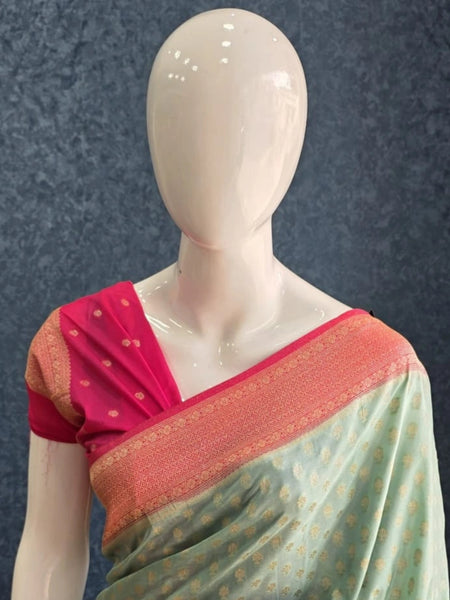 Contrast Pista Green Pink Gorgette Saree