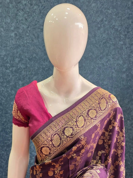 Floral Purple Gold Matka Silk Saree