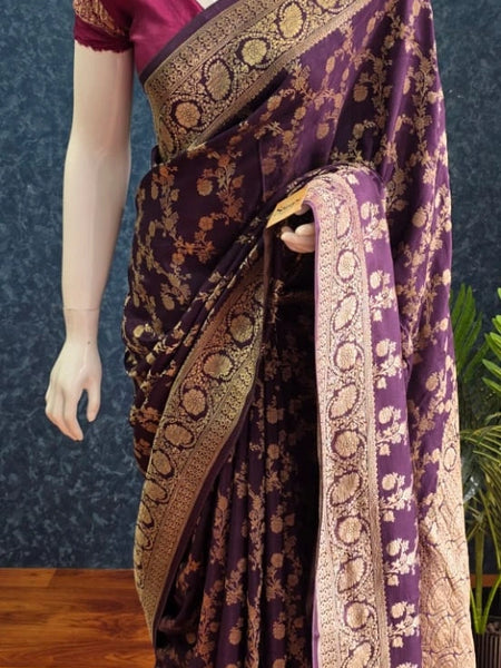 Floral Purple Gold Matka Silk Saree