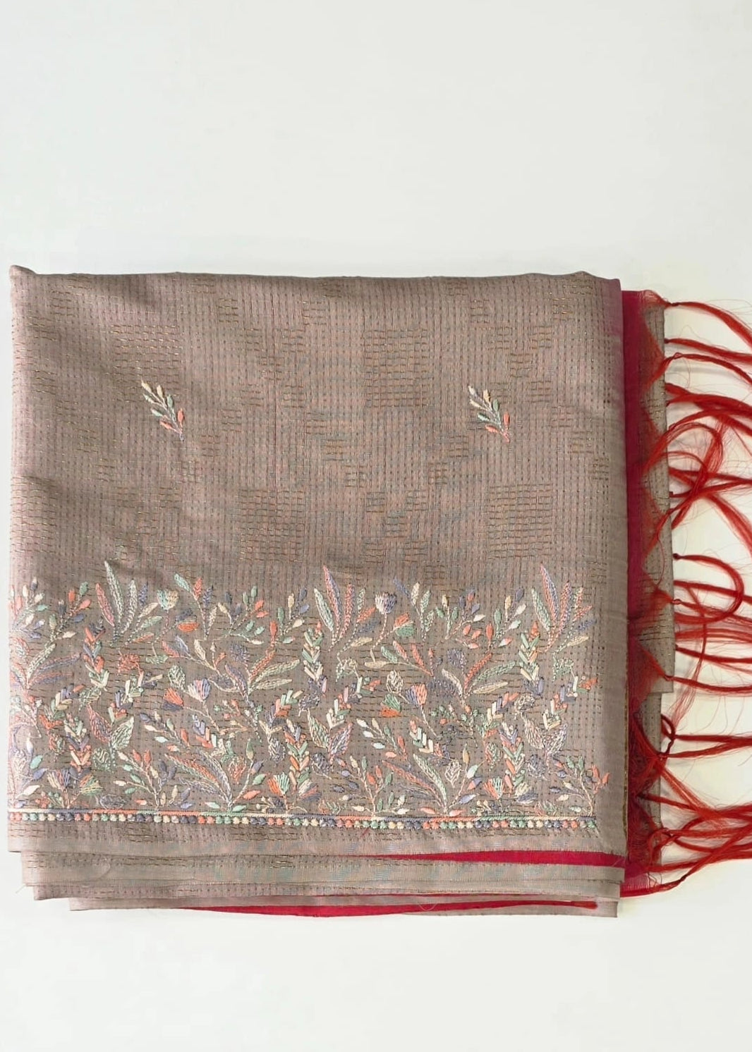 Embroider Beige Pink Tussar Saree