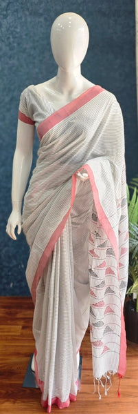 Bengal Stripes White Black Cotton Saree