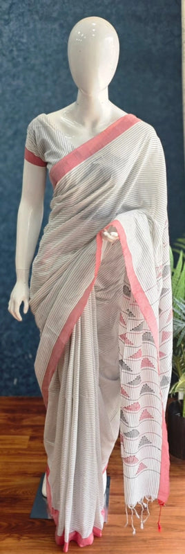 Bengal Stripes White Black Cotton Saree
