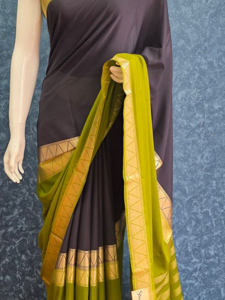 Half & Half Black Green Semi Mysore Crepe Silk Saree