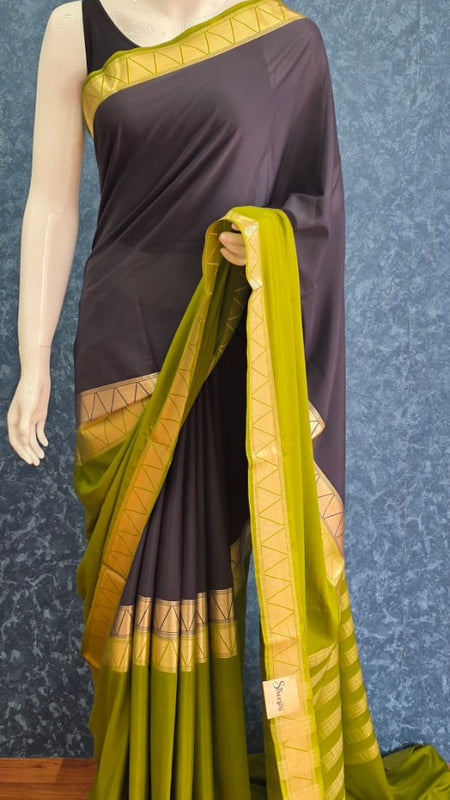 Half & Half Black Green Semi Mysore Crepe Silk Saree