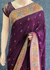 TUSSAR SILK CROSS WORK -PURPLE