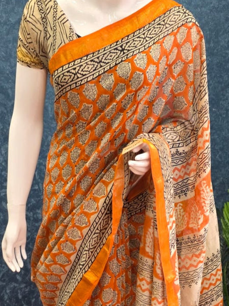 Black Orange Maheshwari Silk Saree