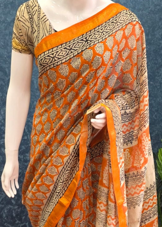 Black Orange Maheshwari Silk Saree