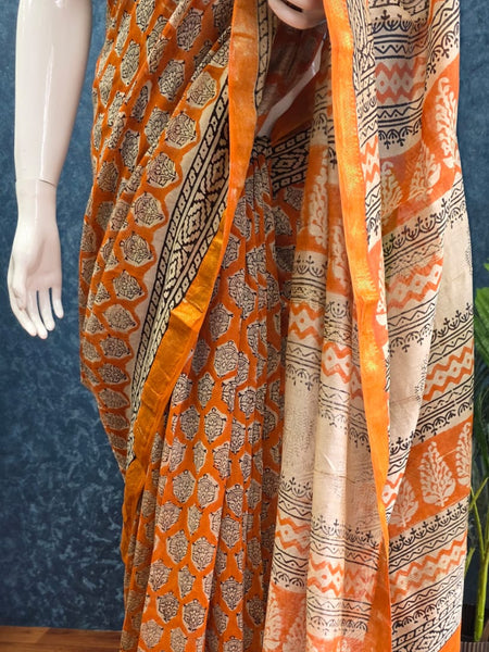 Black Orange Maheshwari Silk Saree