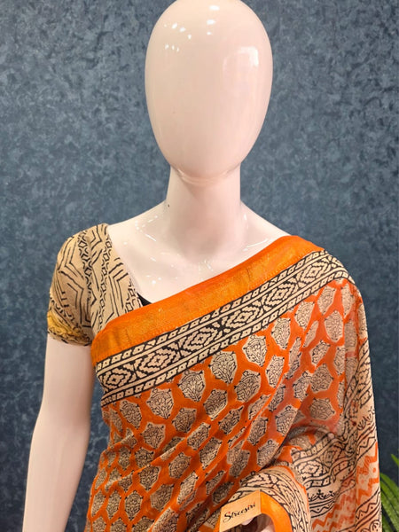 Black Orange Maheshwari Silk Saree