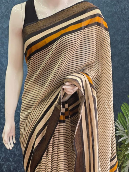 Stripes Silk Black cream Maheshwari Silk Saree