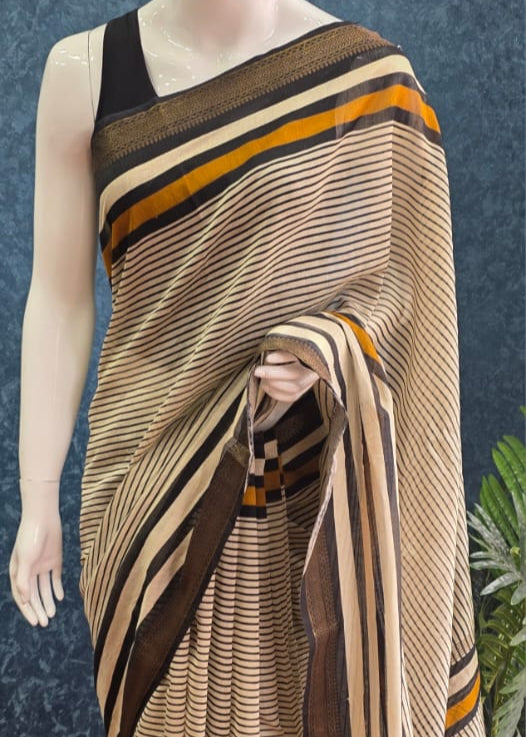 Stripes Silk Black cream Maheshwari Silk Saree