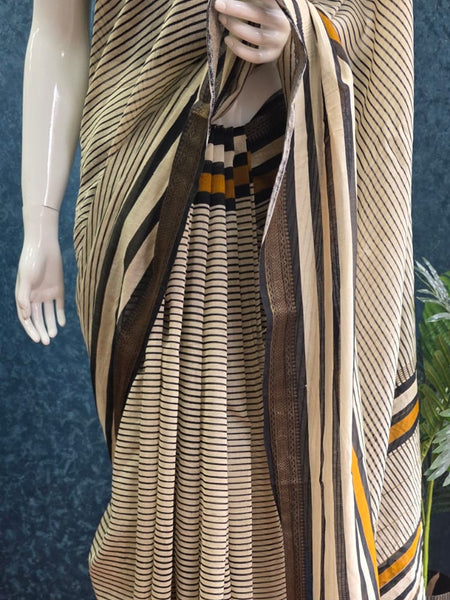 Stripes Silk Black cream Maheshwari Silk Saree