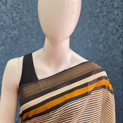 Stripes Silk Black cream Maheshwari Silk Saree